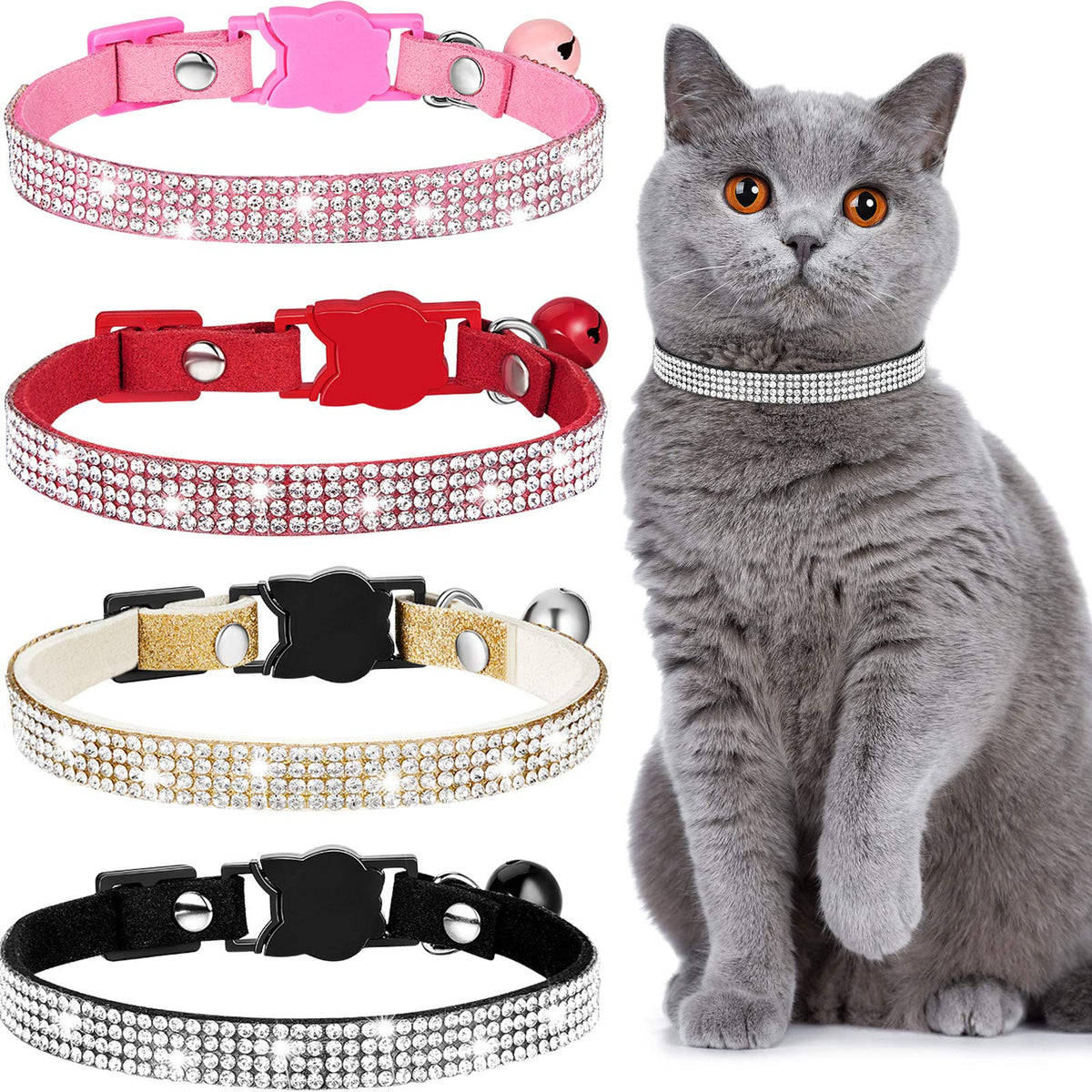 Weewooday 4 Pieces Rhinestones Cat Collars Breakaway Cat Collar with Bell Bling Pet Accessories with Soft Velvet, 4 Colors(XS,Purple, Blue, Gold, Pink)
