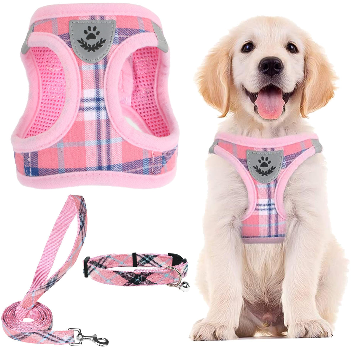 PUPTECK Adjustable Pet Harness Collar &Leash Set Step in for Small Dogs Puppy &Cats Outdoor Training &Running, Soft Mesh Padded Reflective Vest Harness,M: Chest girth: 16-18in Collar: 11.8-15.7in