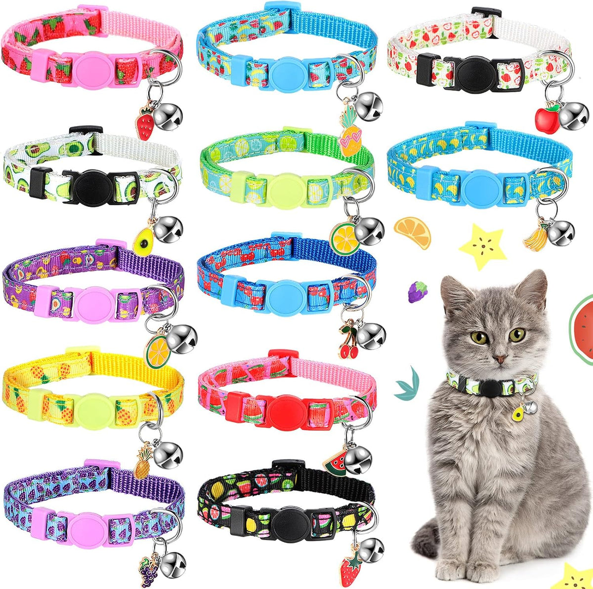 Frienda 12 Pcs Spring Summer Breakaway Cats Collars Girl Cat Safety Adjustable Collars with Bell and Summer Fruit Patterns Pendants Set for Pets Decoration(Small)