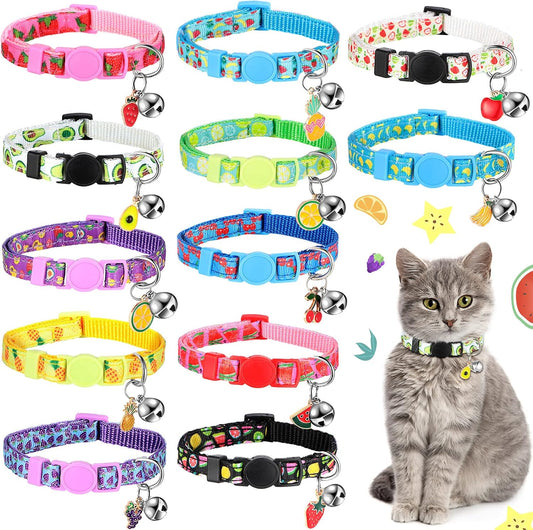 Frienda 12 Pcs Spring Summer Breakaway Cats Collars Girl Cat Safety Adjustable Collars with Bell and Summer Fruit Patterns Pendants Set for Pets Decoration(Small)