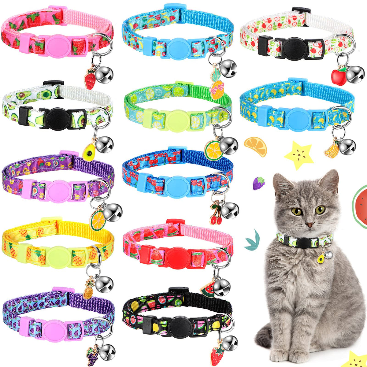 Frienda 12 Pcs Spring Summer Breakaway Cats Collars Girl Cat Safety Adjustable Collars with Bell and Summer Fruit Patterns Pendants Set for Pets Decoration(Small)