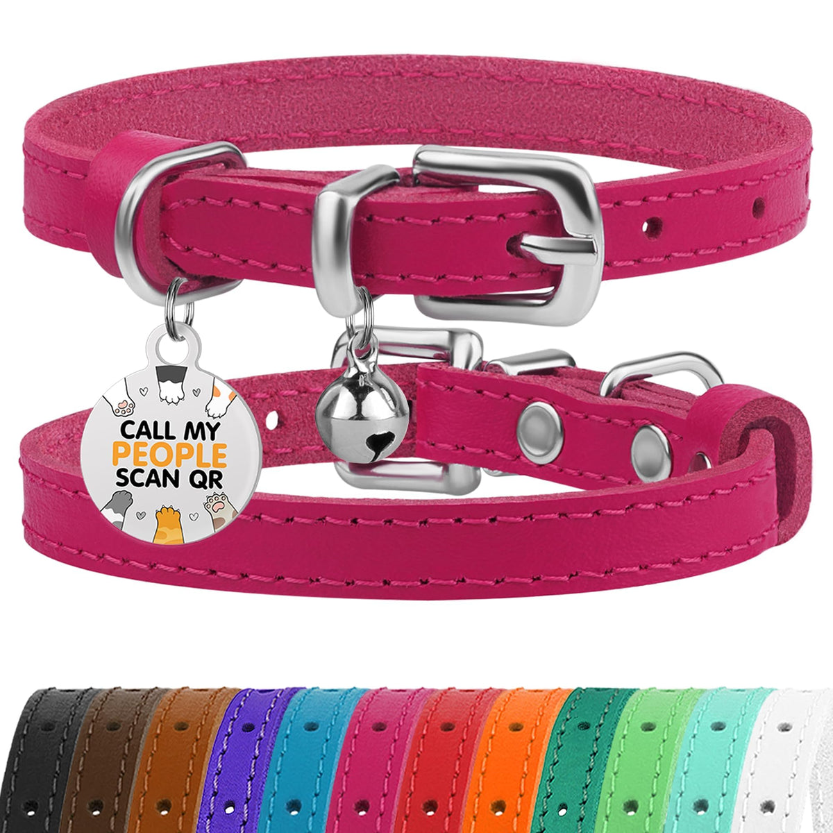 Leather Cat Collar, Removable Bells, QR Tag (9-12", Black & Gold)