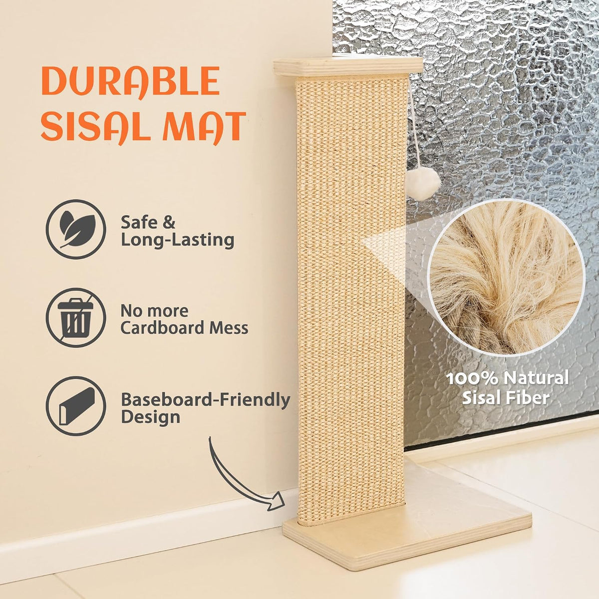 PETKARAY Couch Corner Cat Scratcher, 28'' Corner Scratching Post Cat Wall Scratcher, Sisal Scratch Pad for Sofa, Wall Furniture Protector with Toy Ball