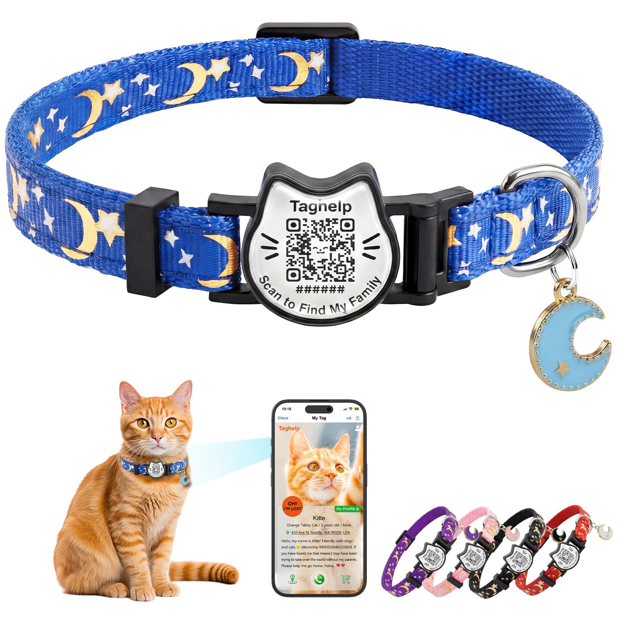 Breakaway Cat Collar with QR Code Tag and Bell (Black & Rose red)