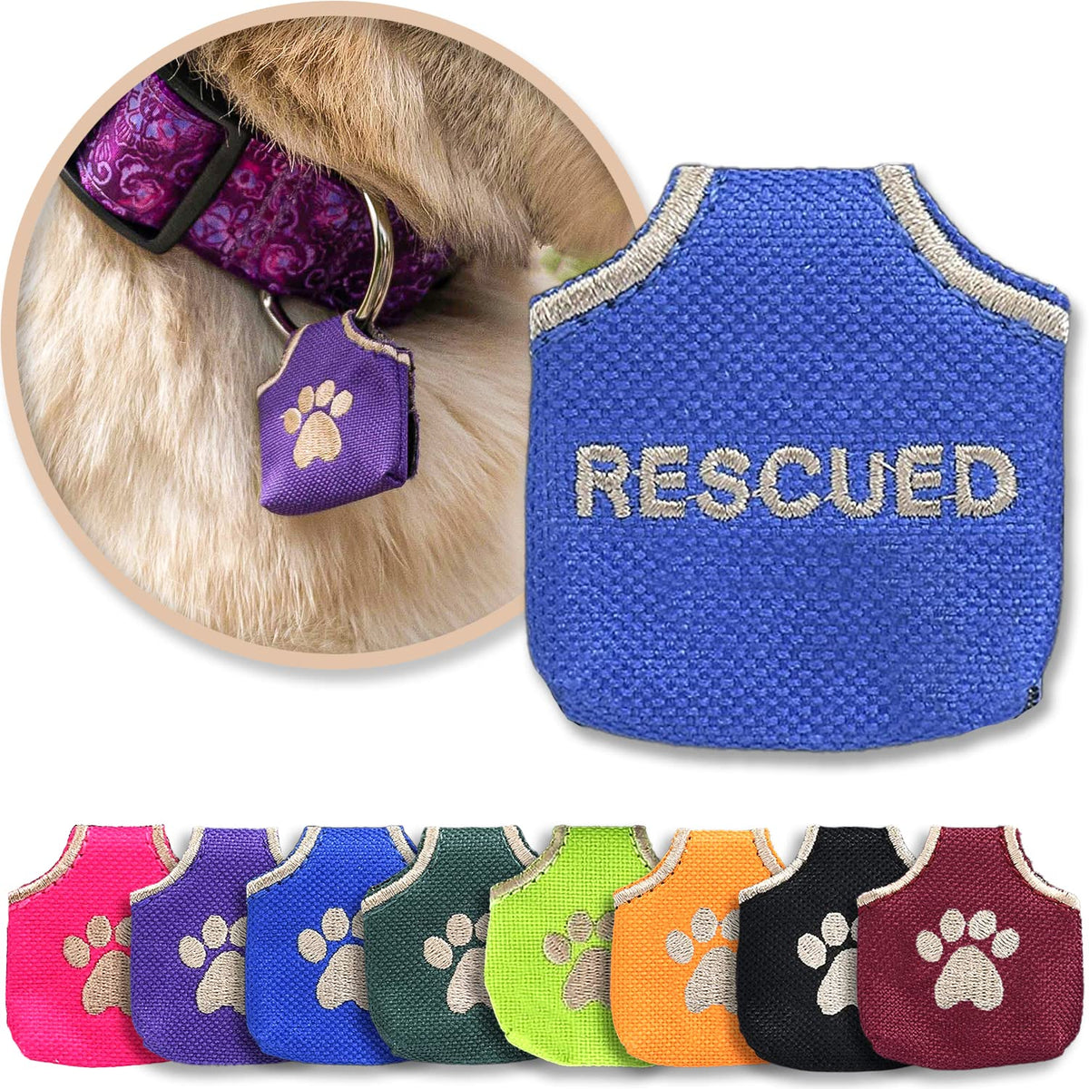 Woofhoof Dog Tag Silencer, Blue Pawprint - Quiet Noisy Pet Tags - Fits Up to Four Pet IDs - Dog Tag Cover Protects Metal Pets IDs, Made of Durable Nylon, Universal Fit, Machine Washable