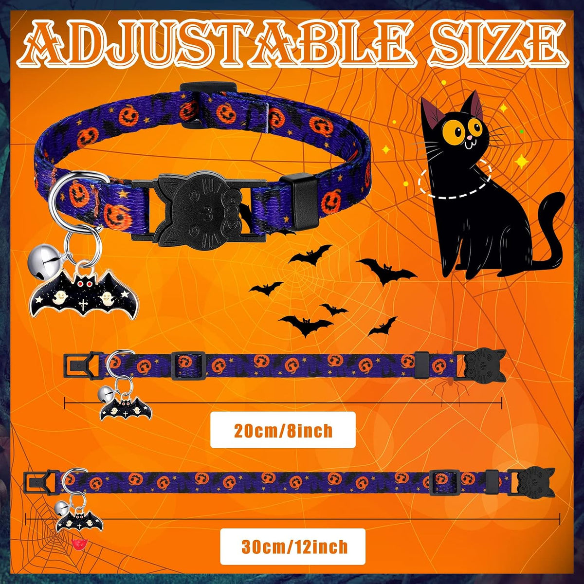 Sanwuta 8 Pcs Halloween Cat Collars Breakaway with Bell, Adjustable Buckle