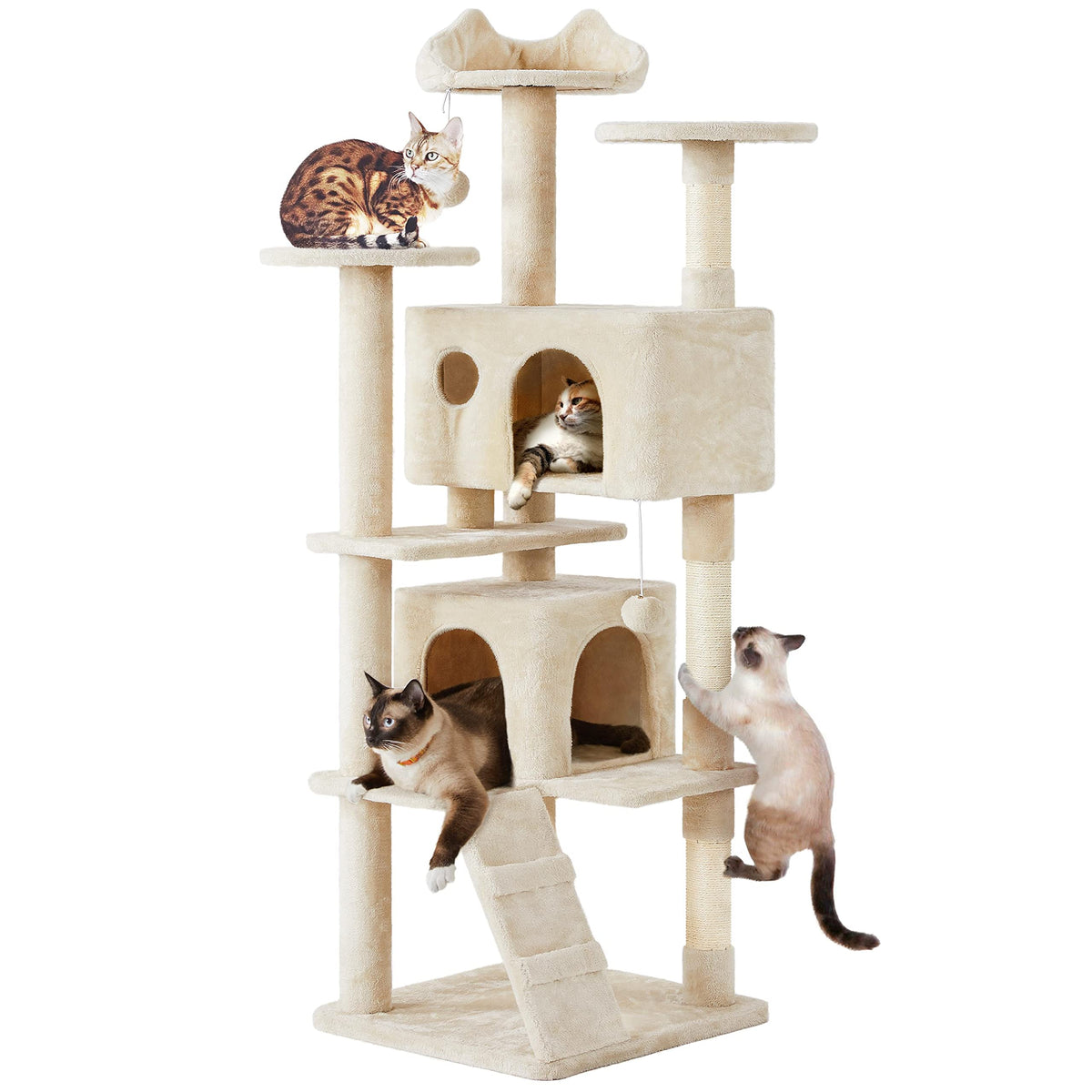 Yaheetech 54in Cat Tree Tower, 2 Caves, Kitten-Ear Perch & Scratching Posts
