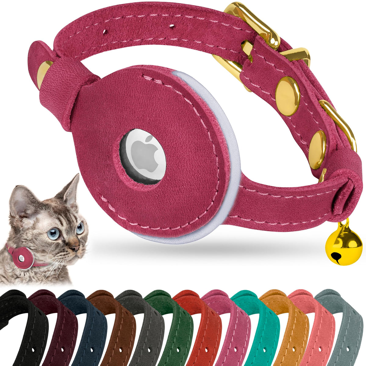 OOPSDOGGY Reflective Leather AirTag Cat Collar with Bell - Non Breakaway Adjustable Pet Collar with Apple Air Tag Holder - Lightweight GPS Kitten Collars for Small Dogs Puppy (Teal)