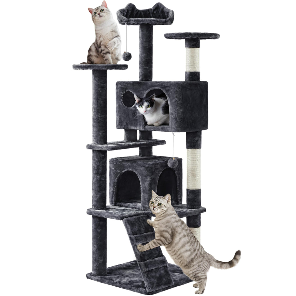 Yaheetech 54in Cat Tree Tower, 2 Caves, Kitten-Ear Perch & Scratching Posts