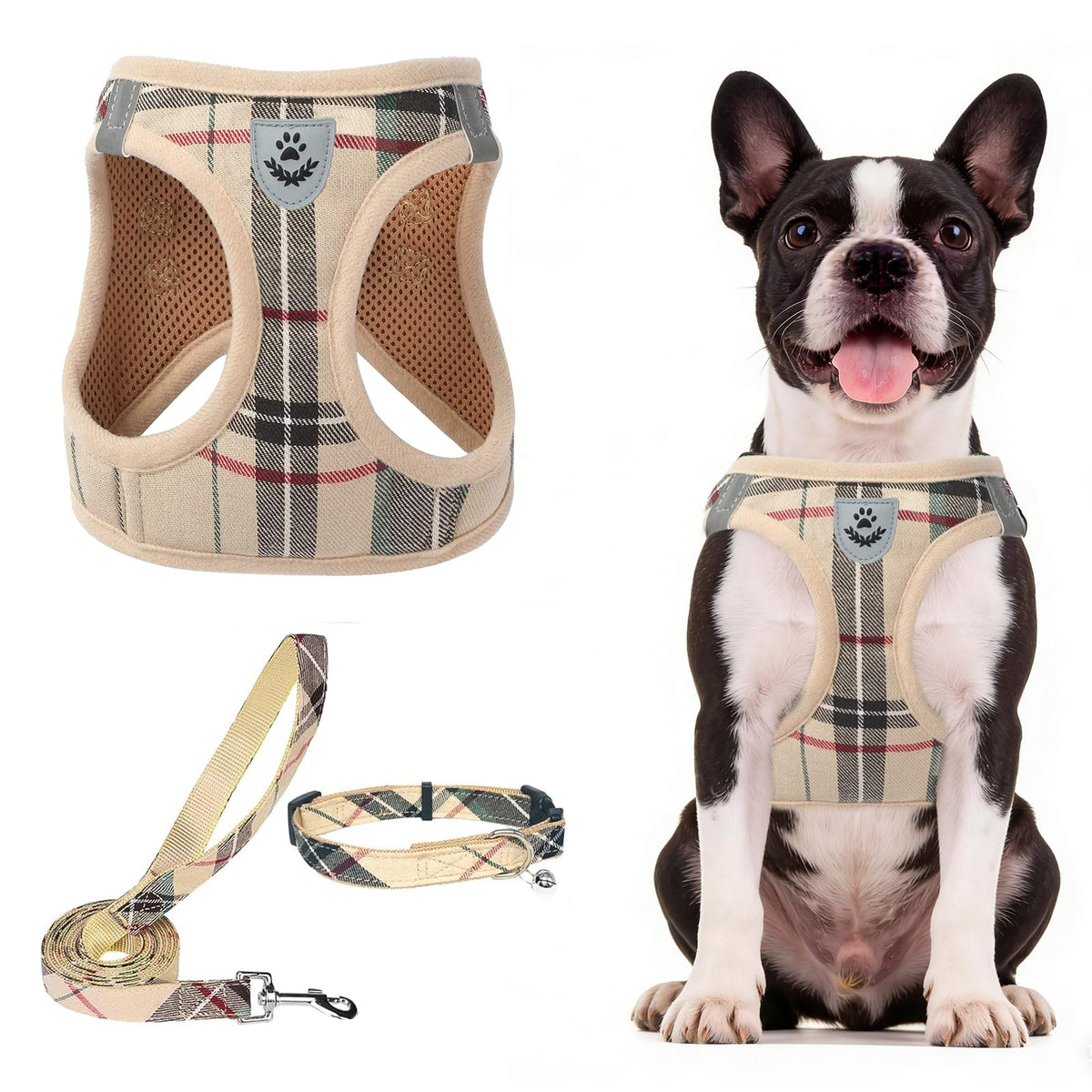 PUPTECK Adjustable Pet Harness Collar &Leash Set Step in for Small Dogs Puppy &Cats Outdoor Training &Running, Soft Mesh Padded Reflective Vest Harness,M: Chest girth: 16-18in Collar: 11.8-15.7in