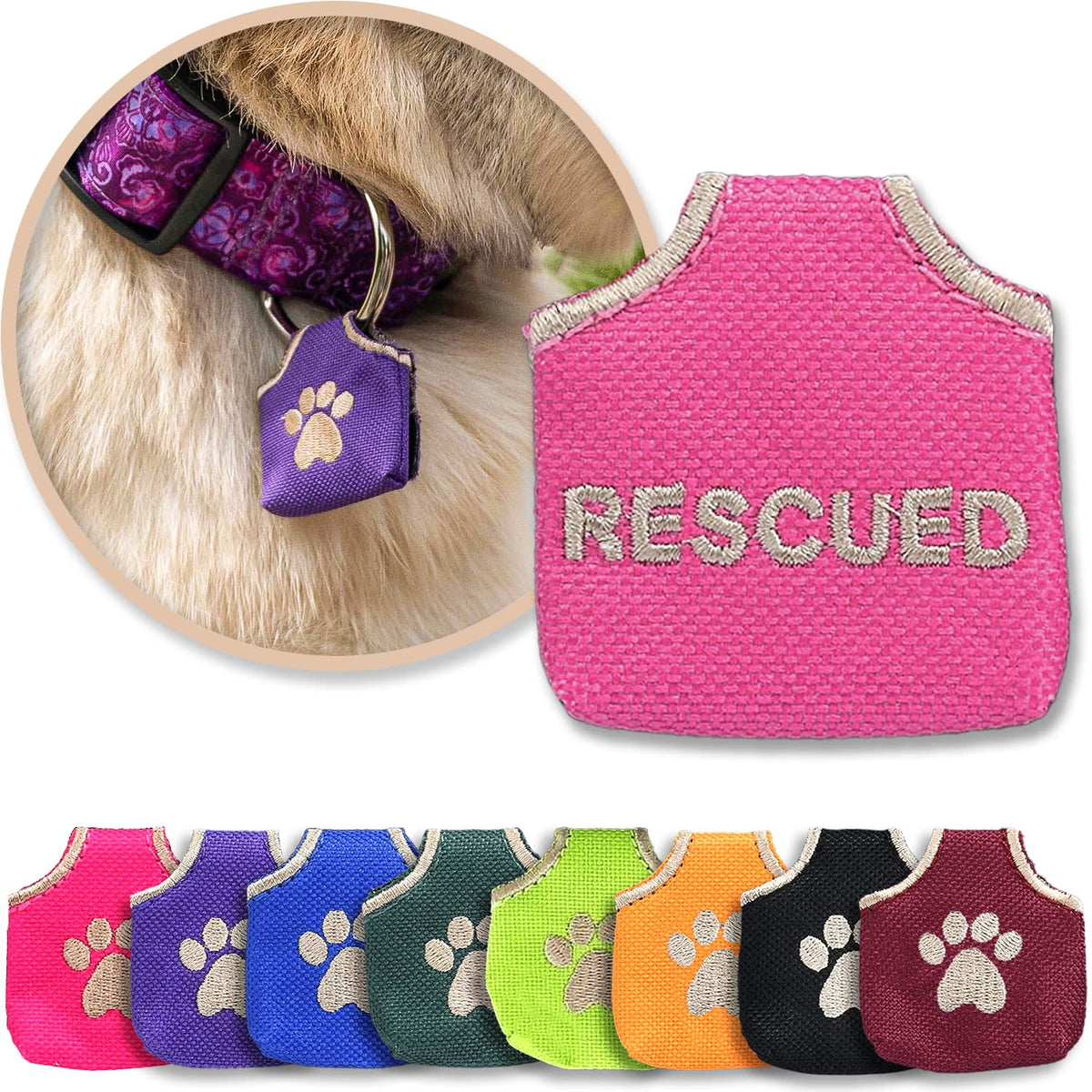 Woofhoof Dog Tag Silencer, Blue Pawprint - Quiet Noisy Pet Tags - Fits Up to Four Pet IDs - Dog Tag Cover Protects Metal Pets IDs, Made of Durable Nylon, Universal Fit, Machine Washable