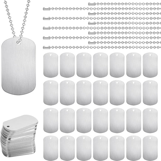 100 Pcs Military Dog Tags Set, 50 Pcs Aluminum Blank Dog Tags, 50 Pcs Iron Necklace Chain, Engraved for Pets, Perfect for DIY Decorative Craft Pet ID Tags, Silver