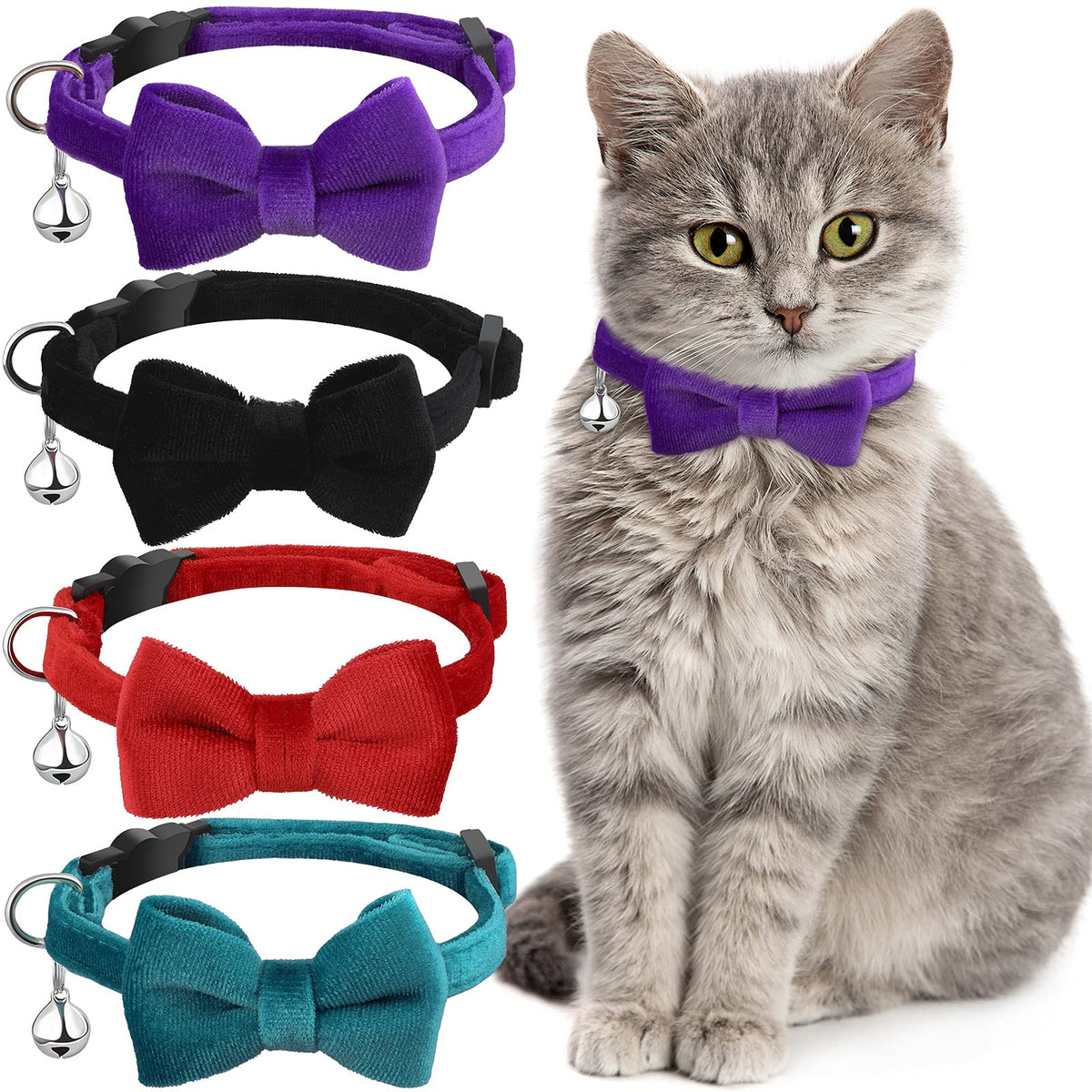 Weewooday 4 Cat Bow Tie Collar, Small, Black, Gray, Dark Green, Blue