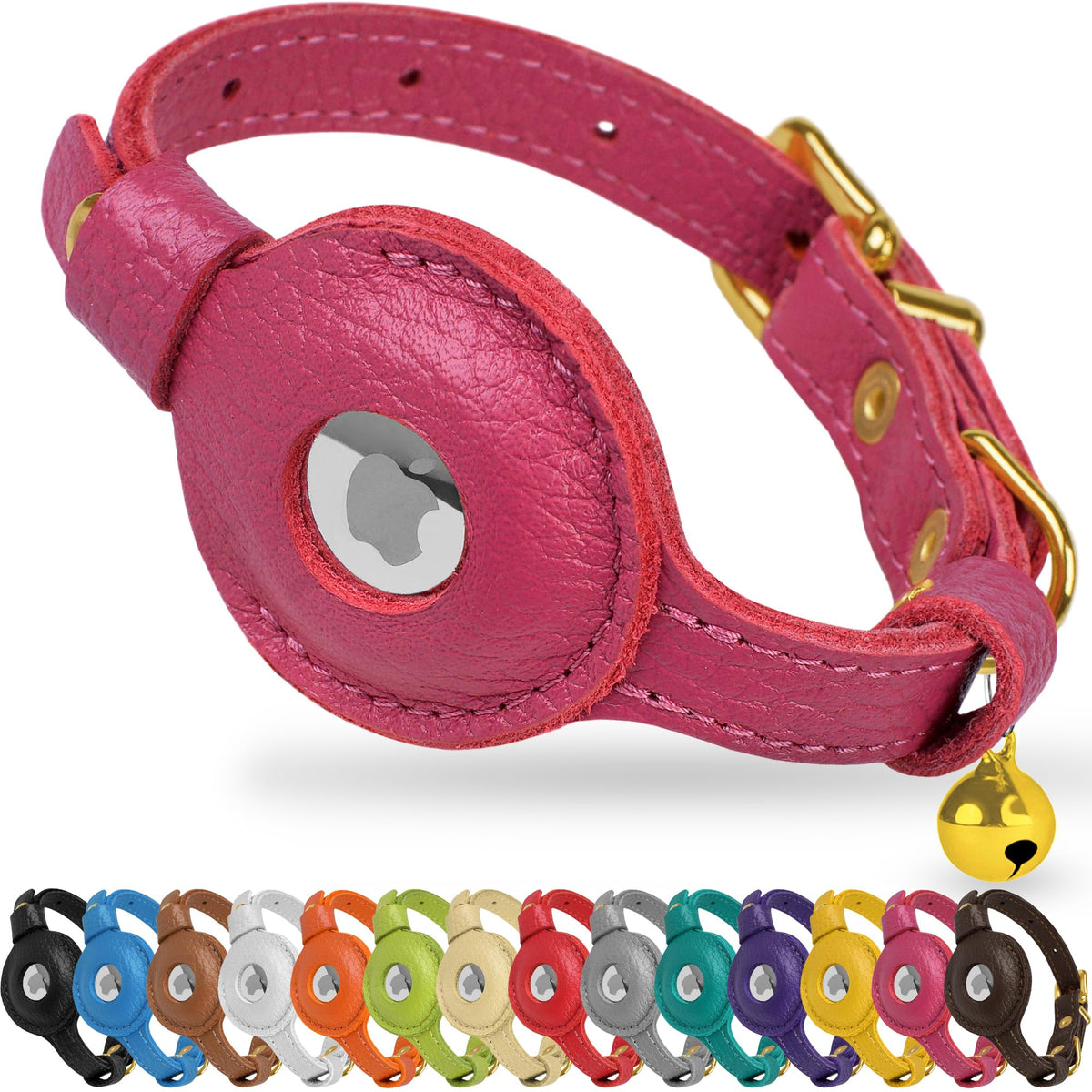 OOPSDOGGY Leather AirTag Cat Collar with Bell - Non Breakaway Kitten Collar with Apple Air Tag Holder - Lightweight GPS Pet Collars for Girl Boy Cats, Small Dogs, Puppies (Purple)