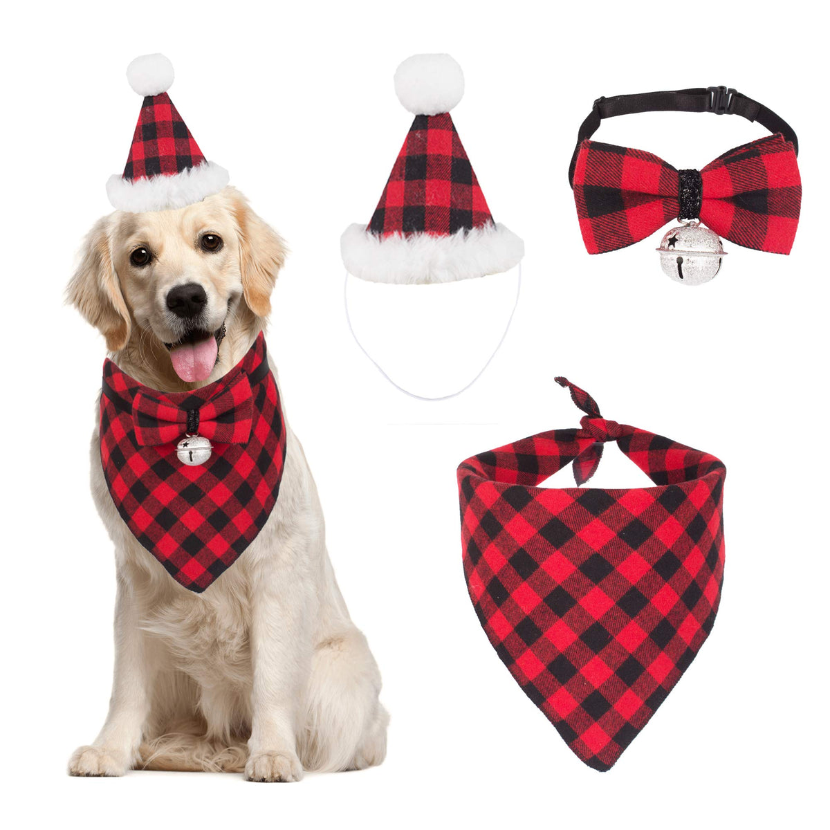 ADOGGYGO Christmas Dog Bandana Hat Bow Tie Set - Stylish Red Plaid Puppy Christmas Hat Scarf Costume Outfit for Small Dogs Pets (Small)