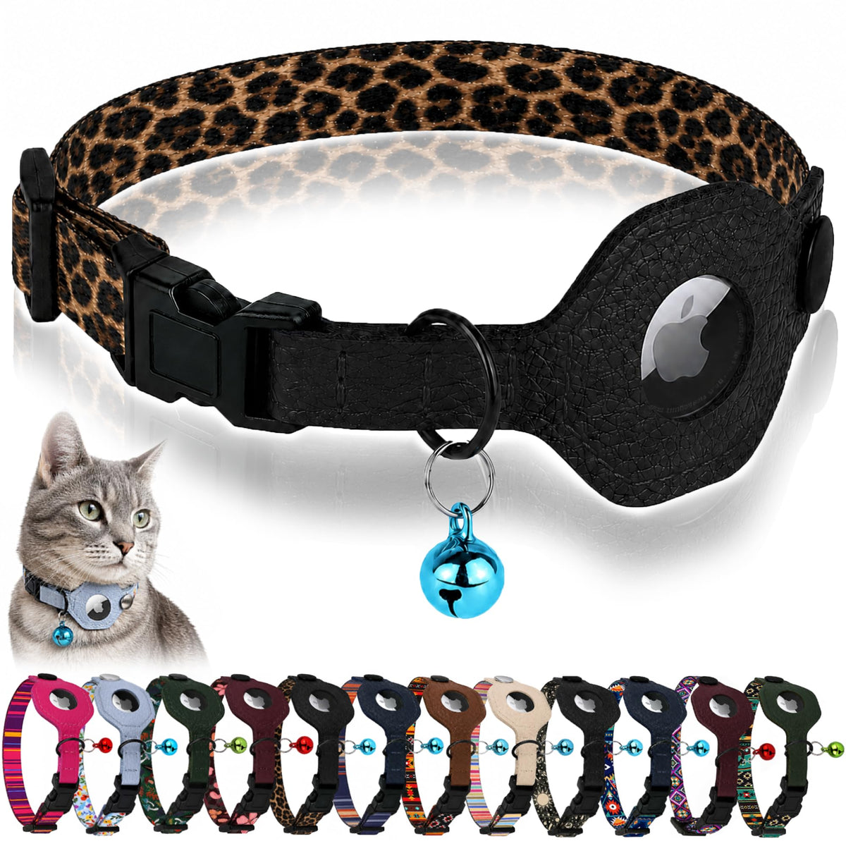 Breakaway Cat Collar with Leather AirTag Holder & Bell - Apple Air Tag Cat Collars for Girls & Boys, Lightweight Anti-Lost GPS Tracker Design, Printed Pattern - Safety and Adjustable (Aztec)