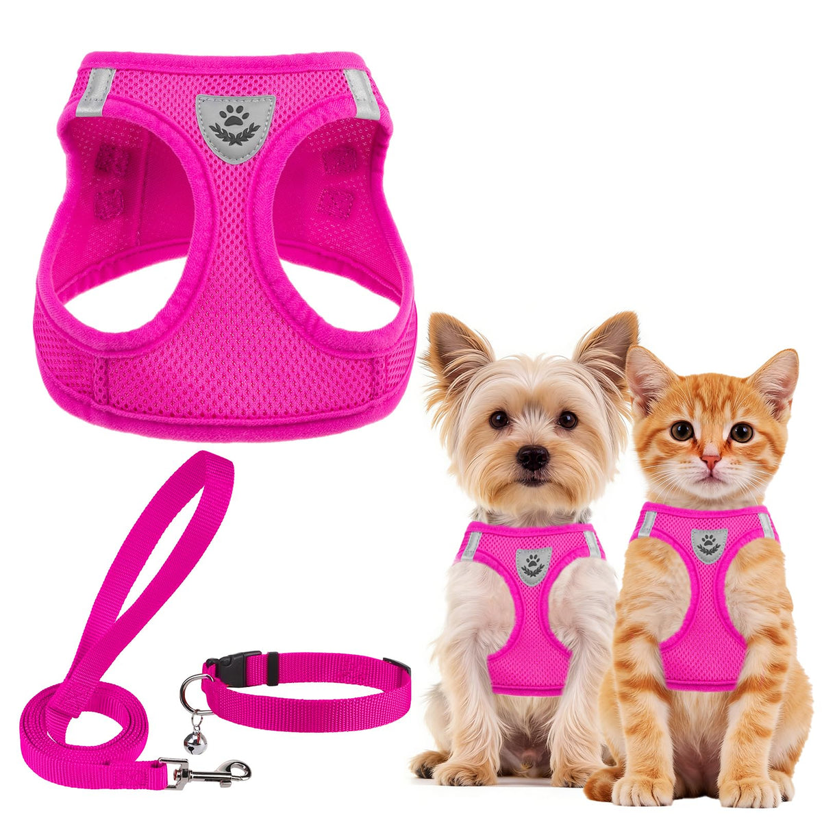 PUPTECK Adjustable Pet Harness Collar &Leash Set Step in for Small Dogs Puppy &Cats Outdoor Training &Running, Soft Mesh Padded Reflective Vest Harness,M: Chest girth: 16-18in Collar: 11.8-15.7in