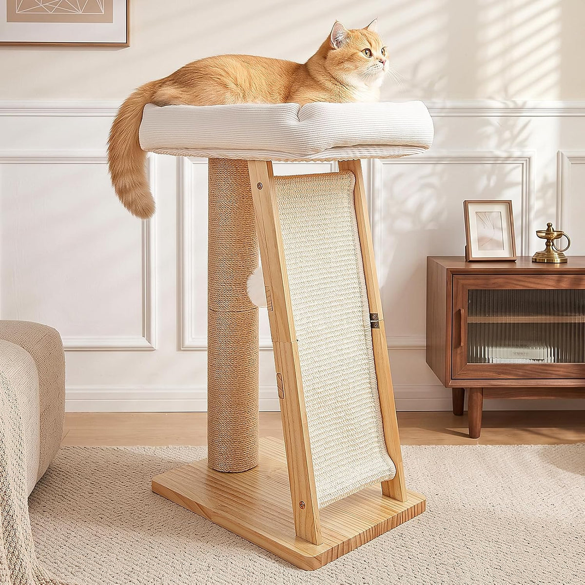 27.5" 3-in-1 Natural Pine Wood Cat Scratching Post for Small Medium Cats