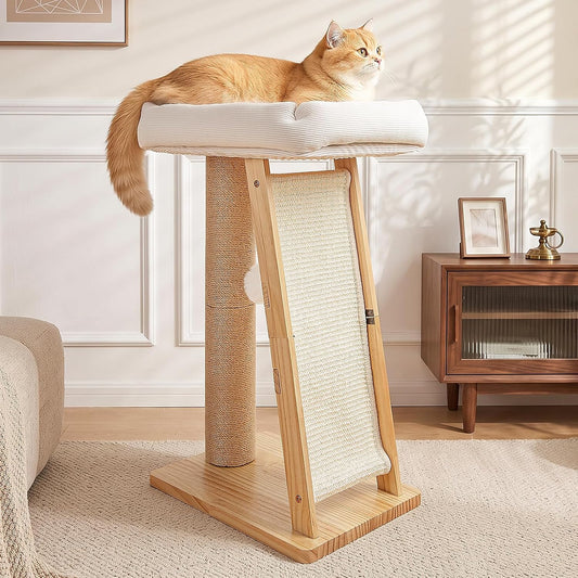 27.5" 3-in-1 Natural Pine Wood Cat Scratching Post for Small Medium Cats
