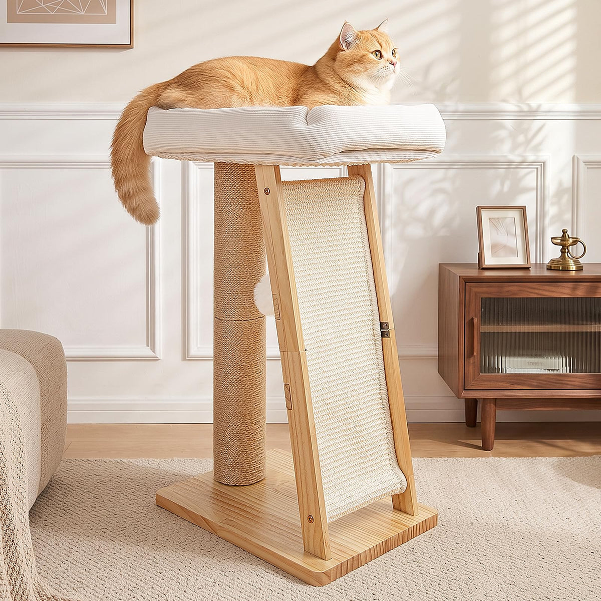 27.5" 3-in-1 Natural Pine Wood Cat Scratching Post for Small Medium Cats