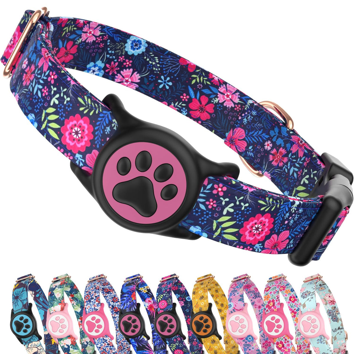 Premium Airtag Dog Collar，with IP68 Waterproof AirTag Holder,Pink,S