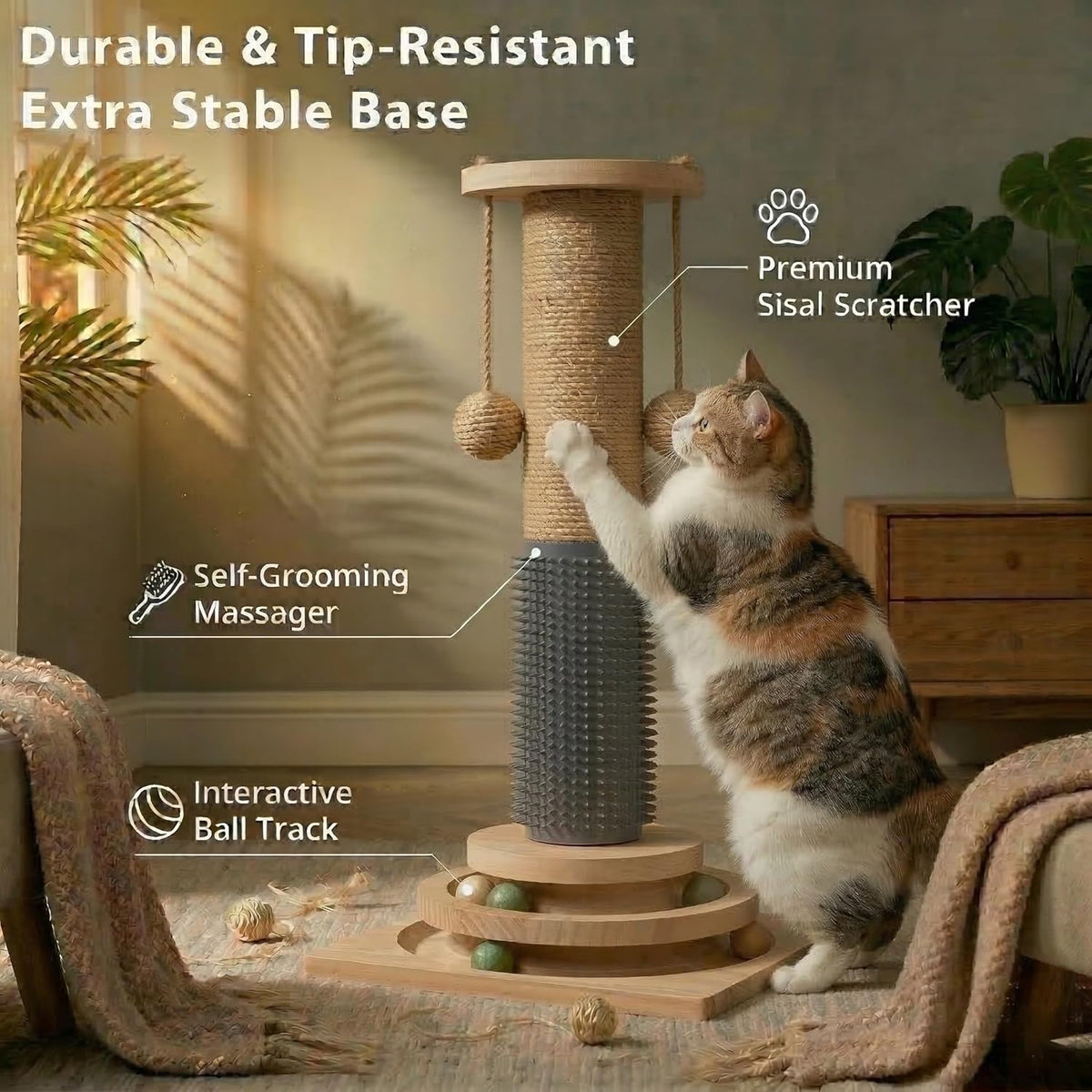 4-in-1 Solid Wood Cat Scratching Post with Self-Groomer, Medium Size