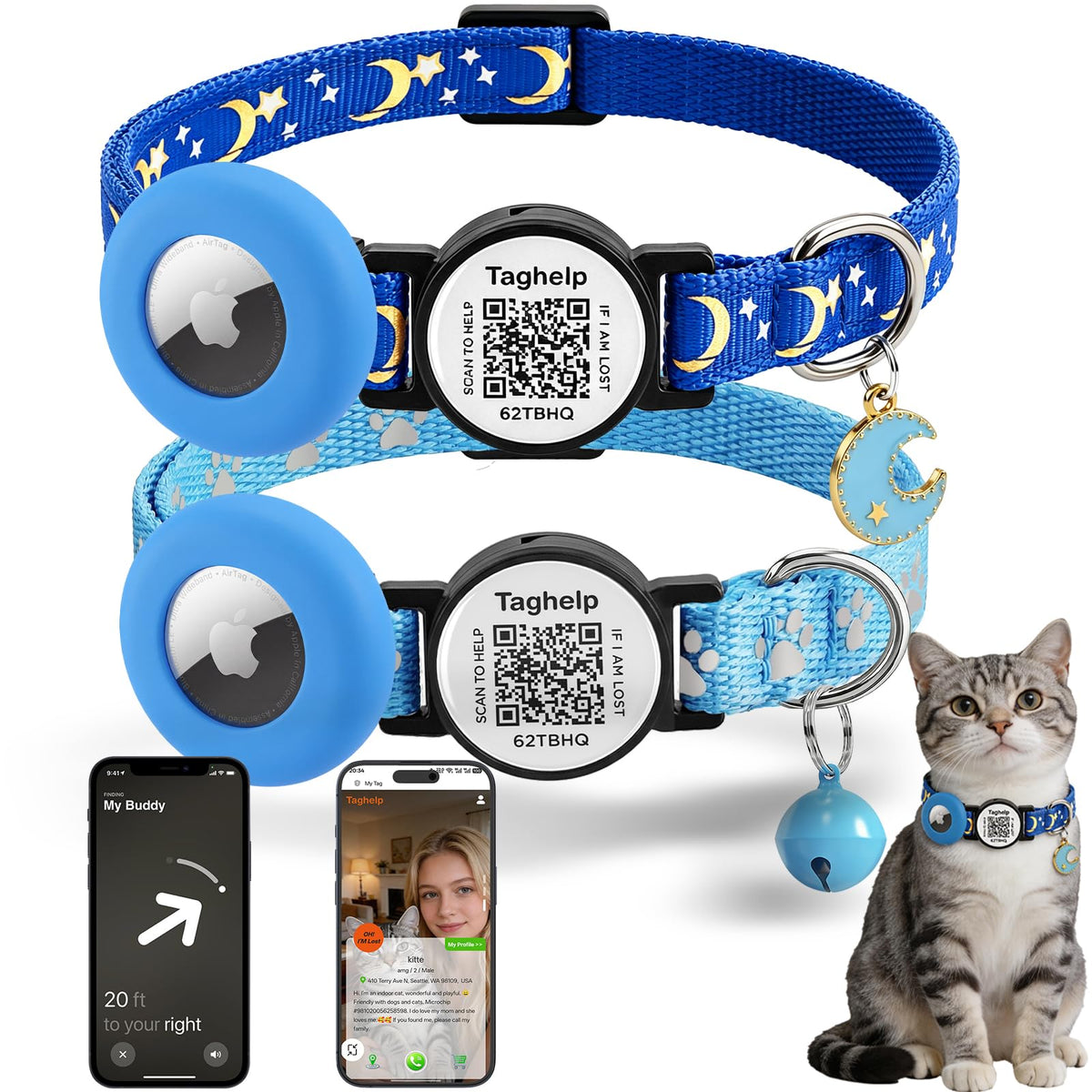 2 Pack Airtag Cat Collar, Breakaway Cat Airtag with Smart ID tag & QR Code Reflective (Moon Stars - Black & Pink, with Integrated AirTag Holder)