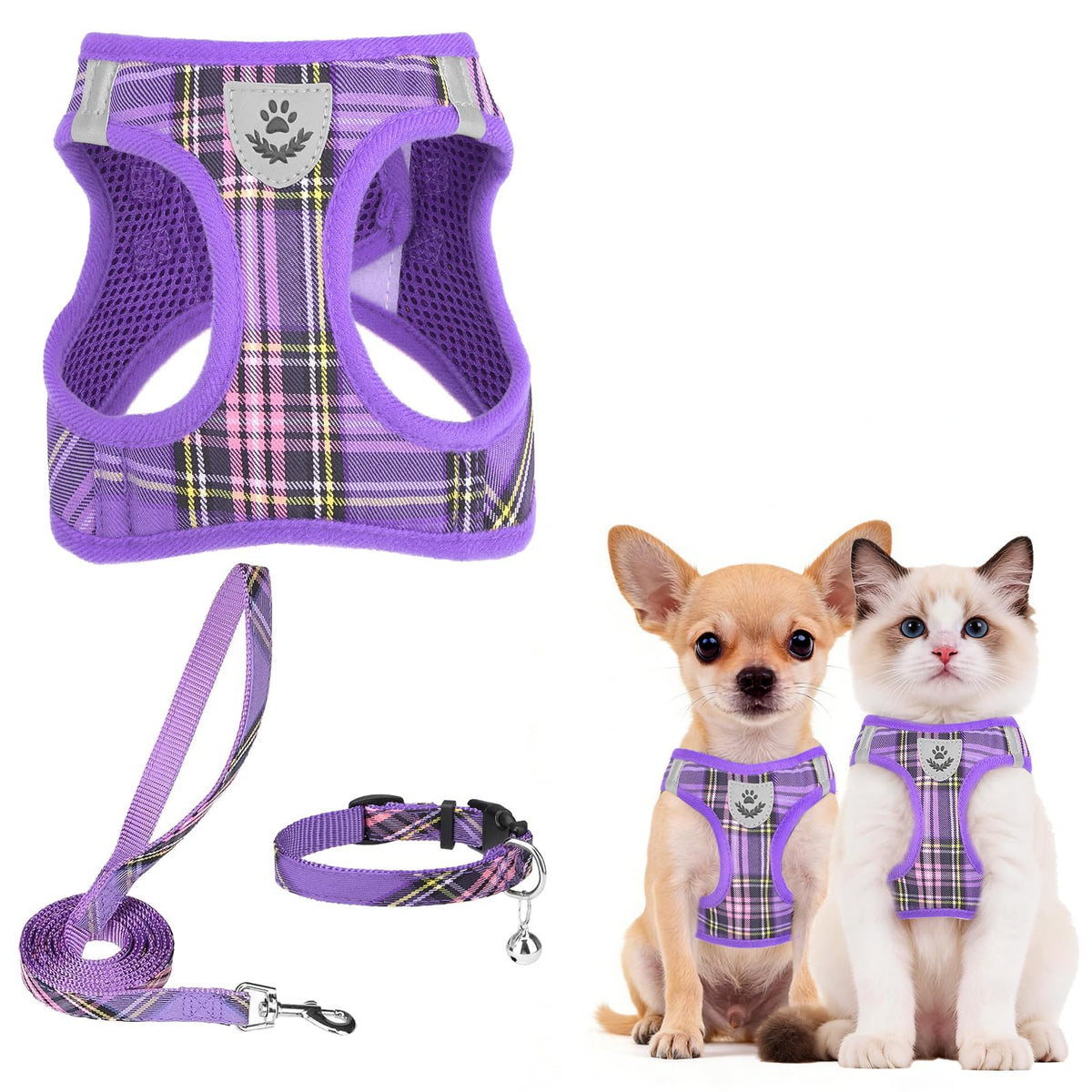 PUPTECK Adjustable Pet Harness Collar &Leash Set Step in for Small Dogs Puppy &Cats Outdoor Training &Running, Soft Mesh Padded Reflective Vest Harness,M: Chest girth: 16-18in Collar: 11.8-15.7in
