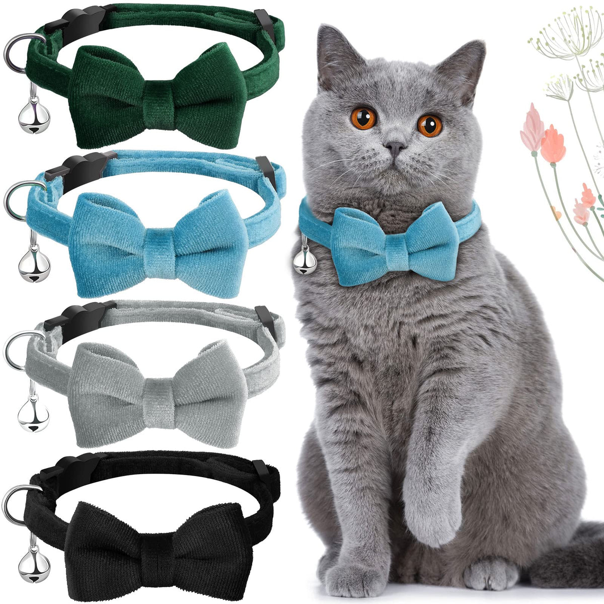 Weewooday 4 Cat Bow Tie Collar, Small, Black, Gray, Dark Green, Blue
