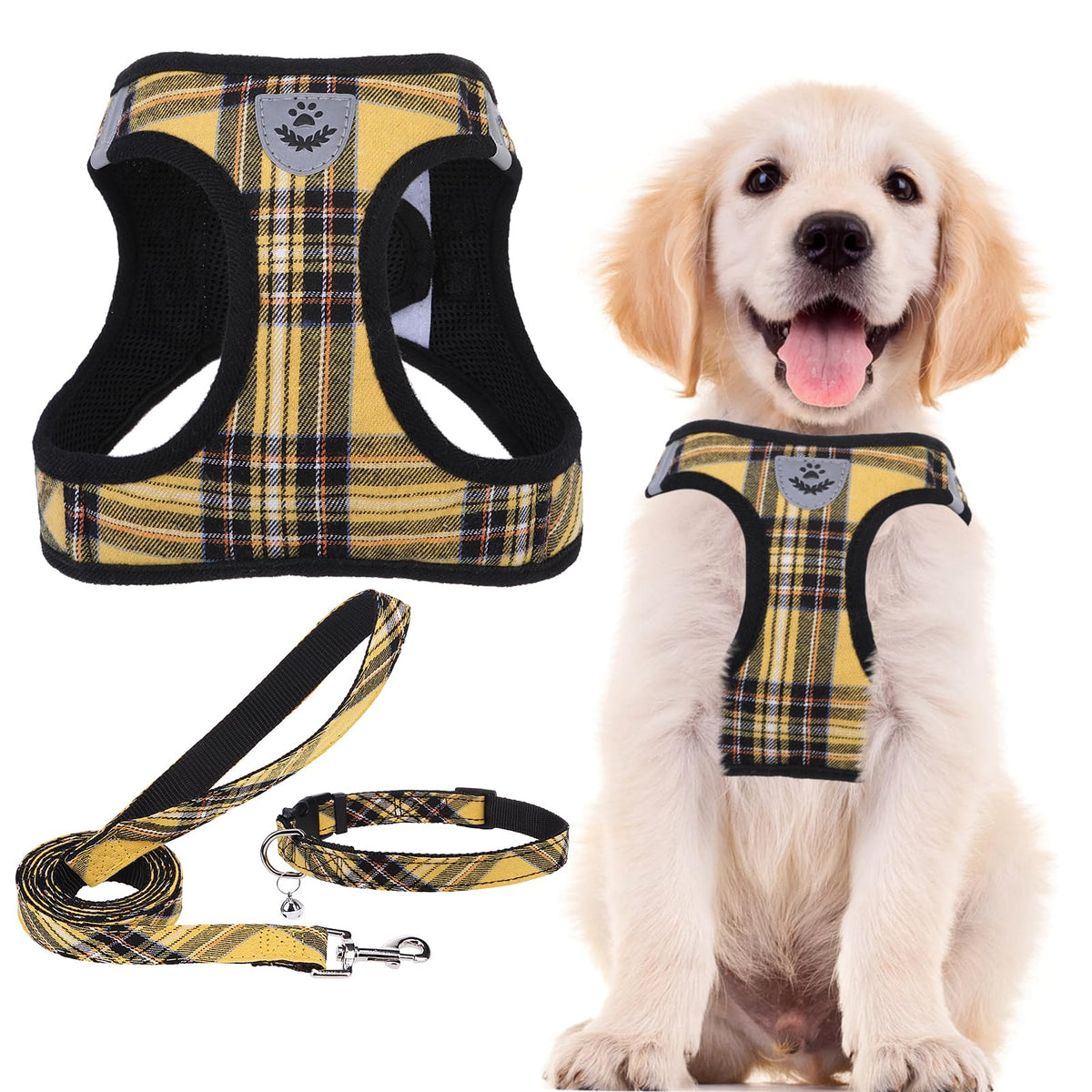 PUPTECK Adjustable Pet Harness Collar &Leash Set Step in for Small Dogs Puppy &Cats Outdoor Training &Running, Soft Mesh Padded Reflective Vest Harness,M: Chest girth: 16-18in Collar: 11.8-15.7in