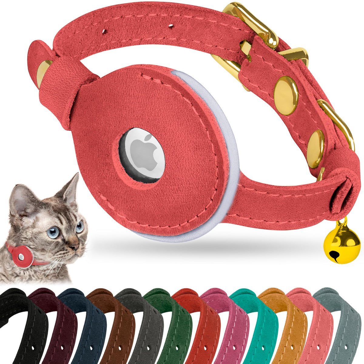 OOPSDOGGY Reflective Leather AirTag Cat Collar with Bell - Non Breakaway Adjustable Pet Collar with Apple Air Tag Holder - Lightweight GPS Kitten Collars for Small Dogs Puppy (Teal)
