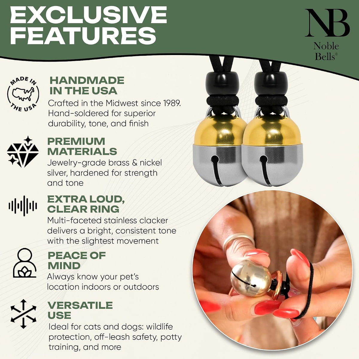 Noble Bells Handmade in USA, Extra Loud Pet Collar Bell, Extra Small Pair