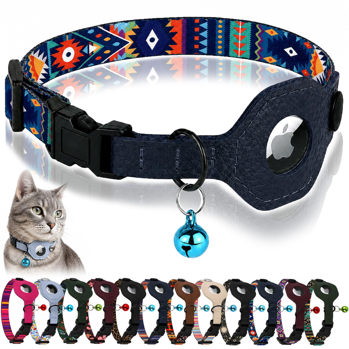 Breakaway Cat Collar with Leather AirTag Holder & Bell - Apple Air Tag Cat Collars for Girls & Boys, Lightweight Anti-Lost GPS Tracker Design, Printed Pattern - Safety and Adjustable (Aztec)