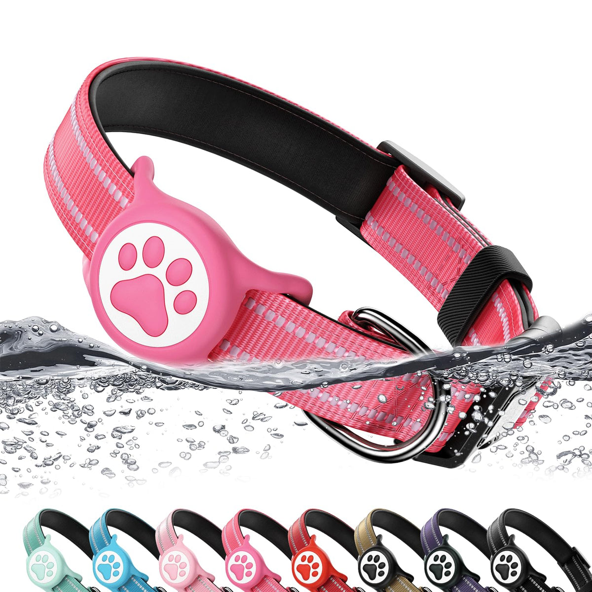 Premium Airtag Dog Collar，with IP68 Waterproof AirTag Holder,Pink,S