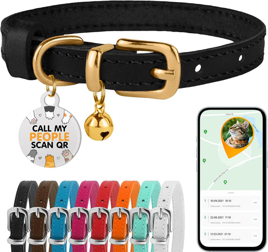 Leather Cat Collar, Removable Bells, QR Tag (9-12", Black & Gold)