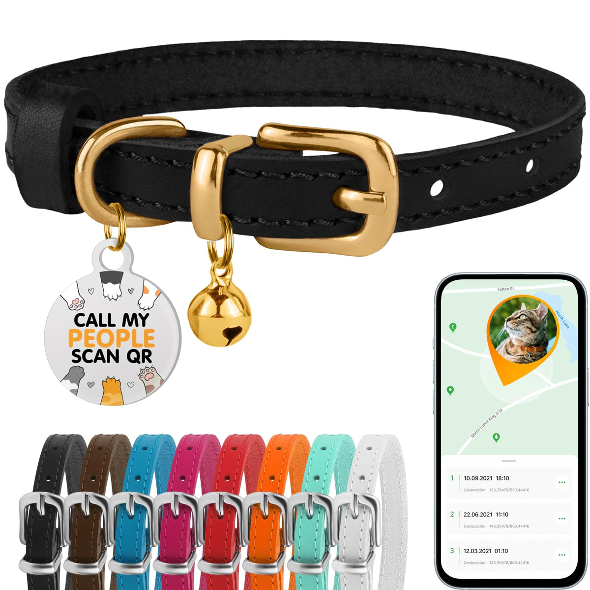 Leather Cat Collar, Removable Bells, QR Tag (9-12", Black & Gold)