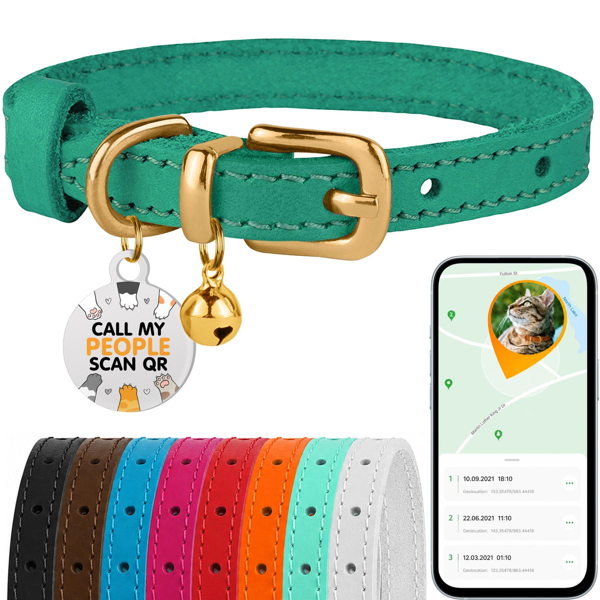 Leather Cat Collar, Removable Bells, QR Tag (9-12", Black & Gold)