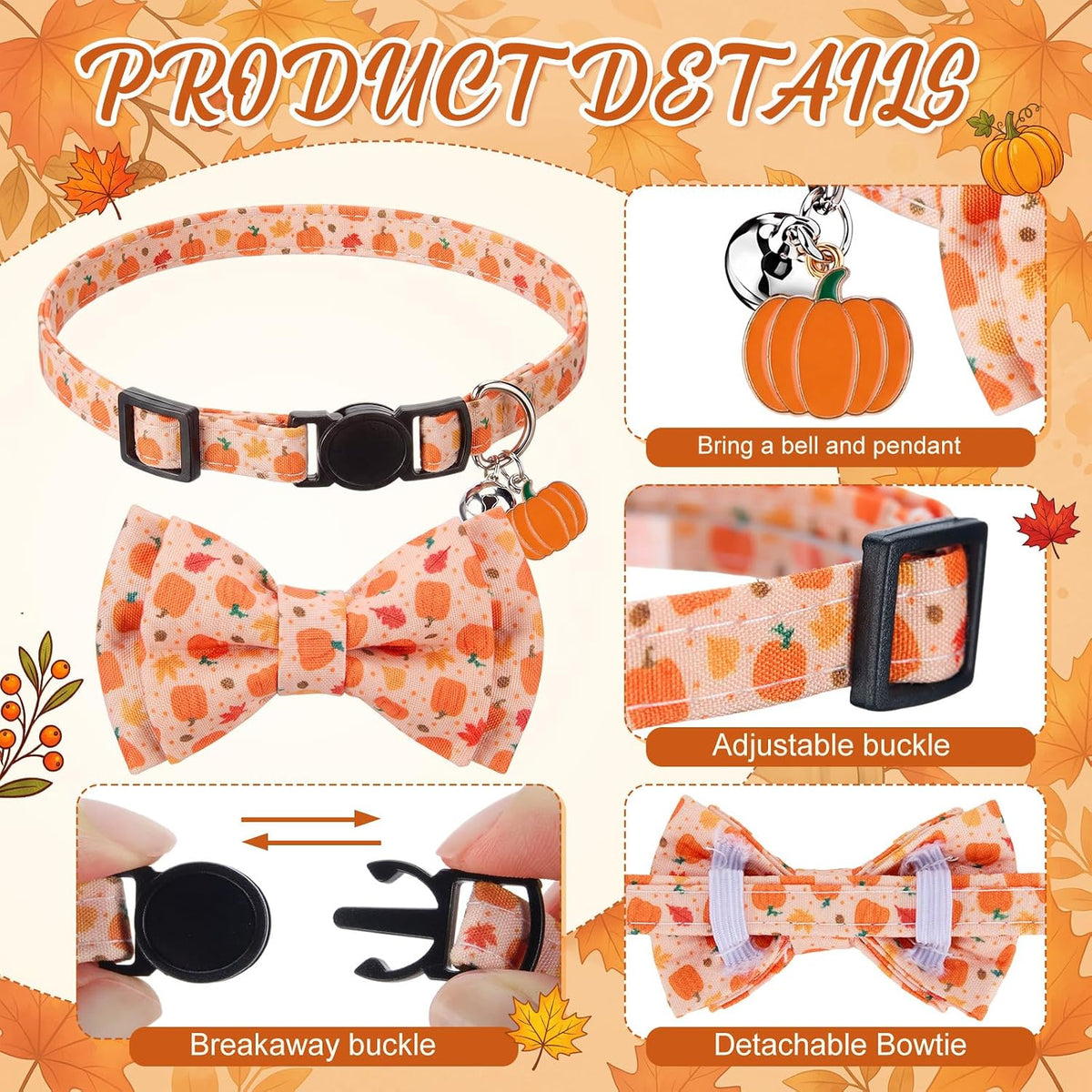 Hsei 6 Pcs Fall Cat Collars Bulk Bow Tie Bell for Autumn Charm Grooming