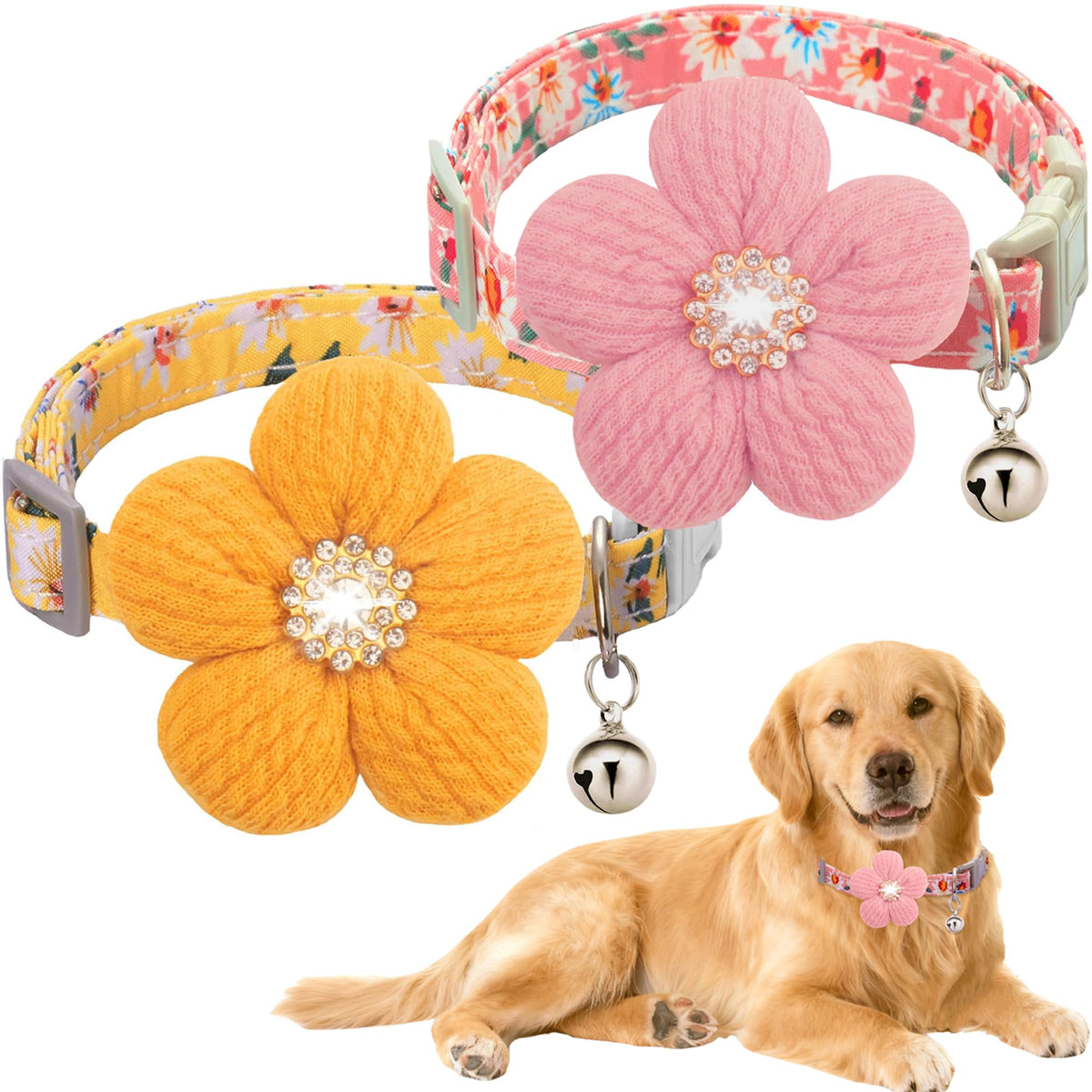 Large Dog Collar with Flower, Cute Dog Collars for Large Dogs with Bell