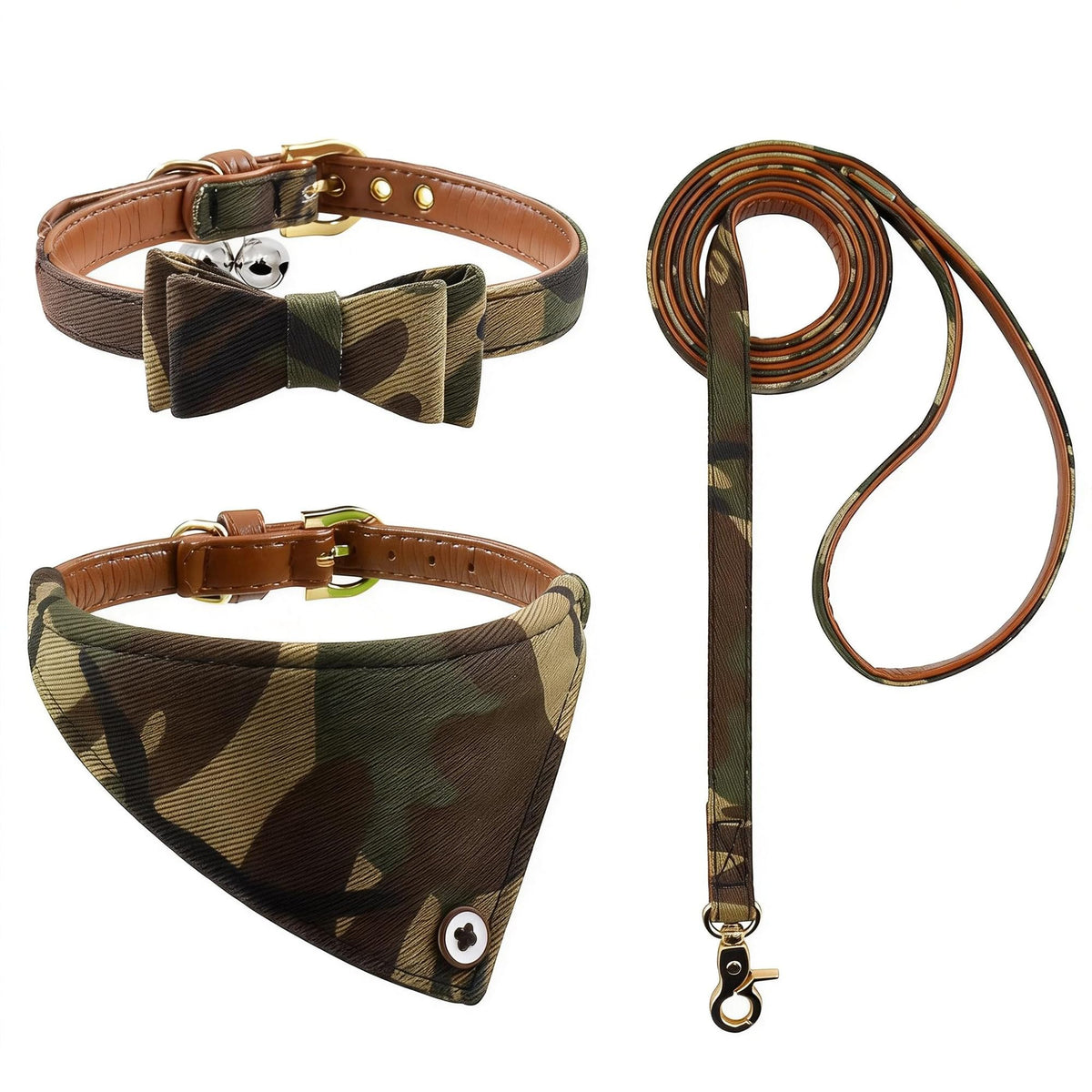 3PCS Bow Tie Dog Collar and Leash Set Plaid/Camo/Dots/Flower Dog Bandanas with Bell 3 Size Adjustable for Small Dogs Puppies and Cats (XS, Orange Plaid)