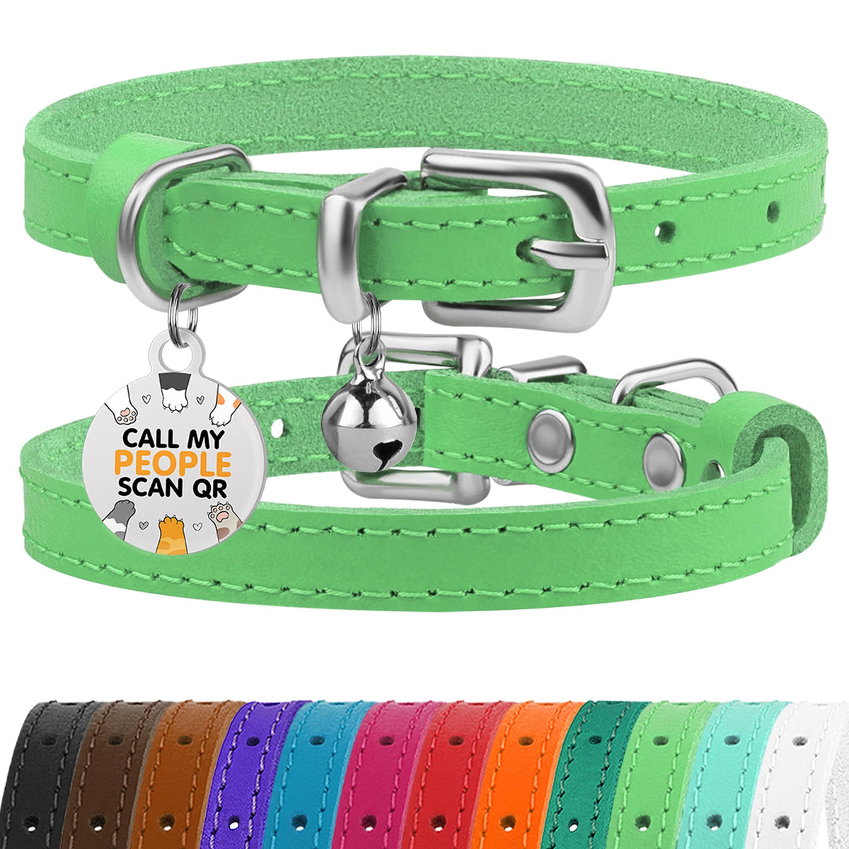 Leather Cat Collar, Removable Bells, QR Tag (9-12", Black & Gold)