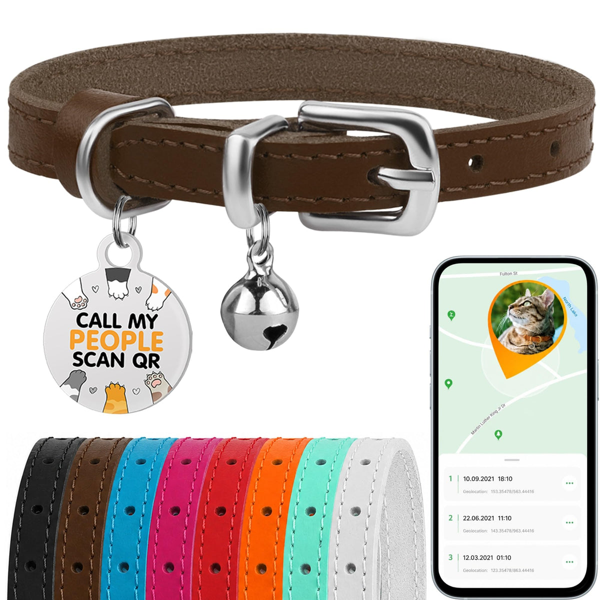 Leather Cat Collar, Removable Bells, QR Tag (9-12", Black & Gold)