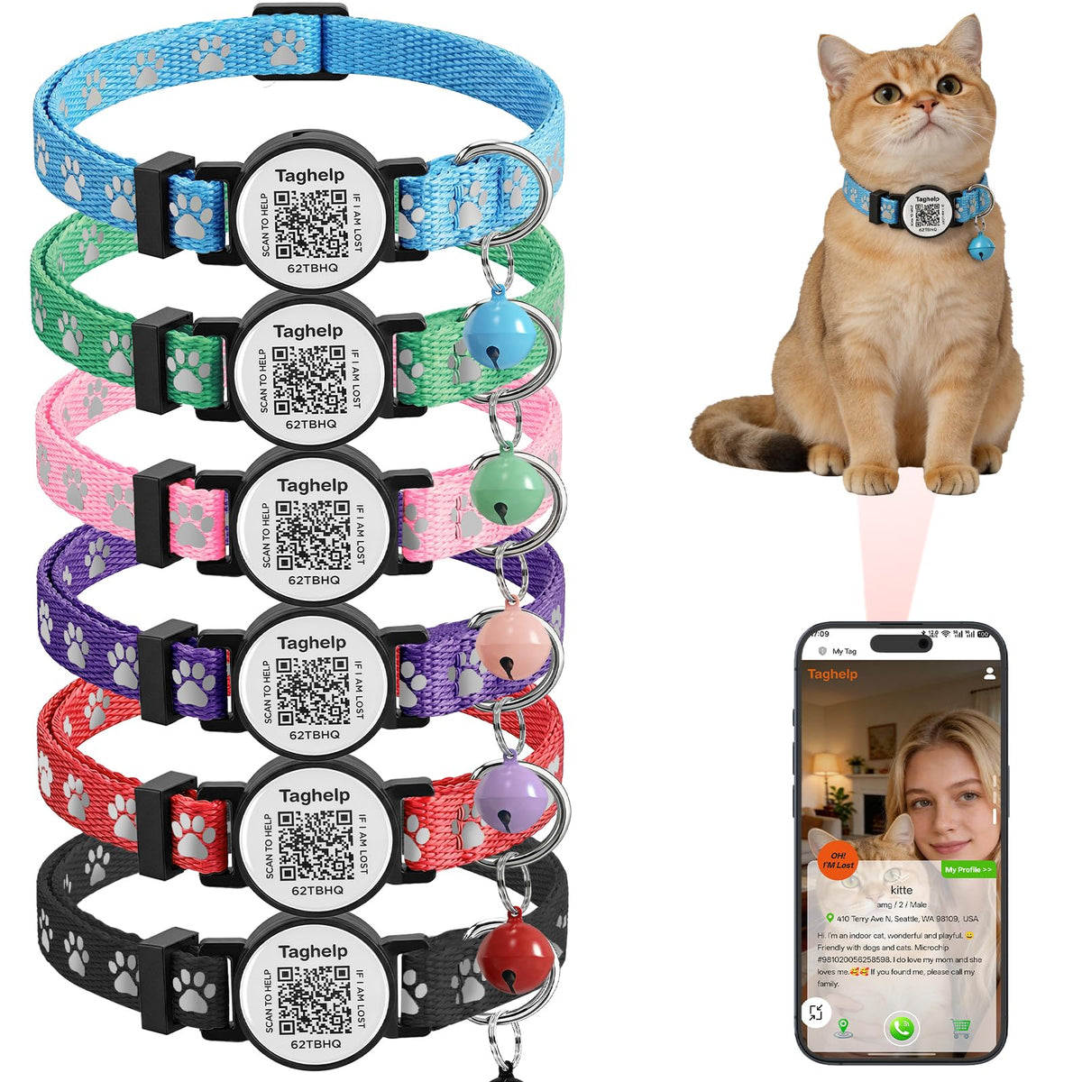 2 Pack QR Code Cat Collar with Instant Lost Pet Recovery System, Scan for Urgent Alerts & Location Info, Breakaway Reflective Collar with Safety Bell (Blue & Pink)