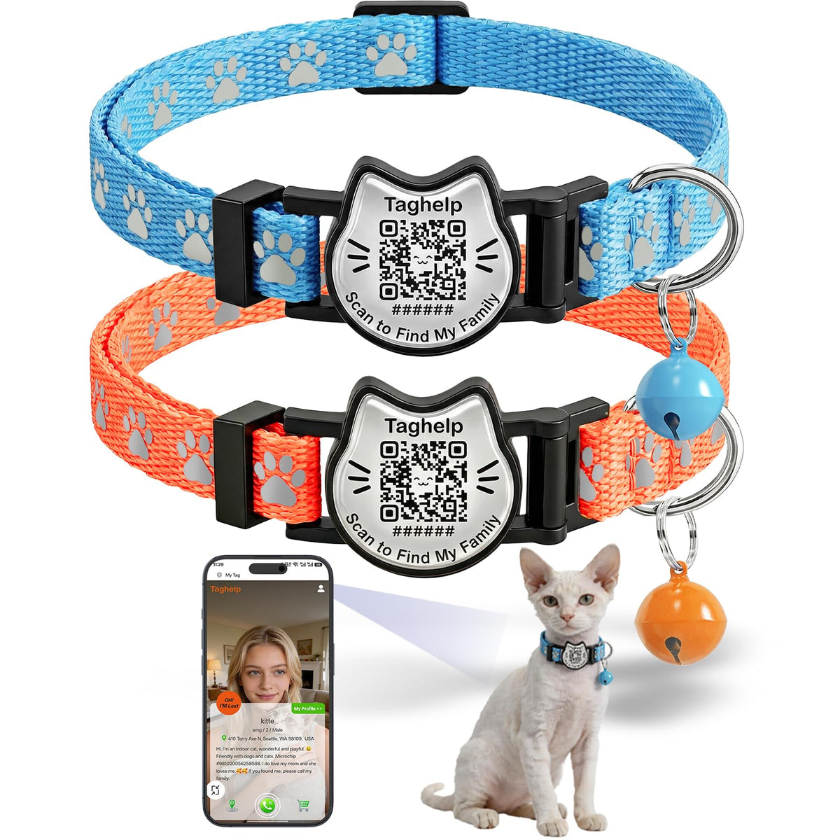 Breakaway Cat Collar with QR Code Tag and Bell (Black & Rose red)