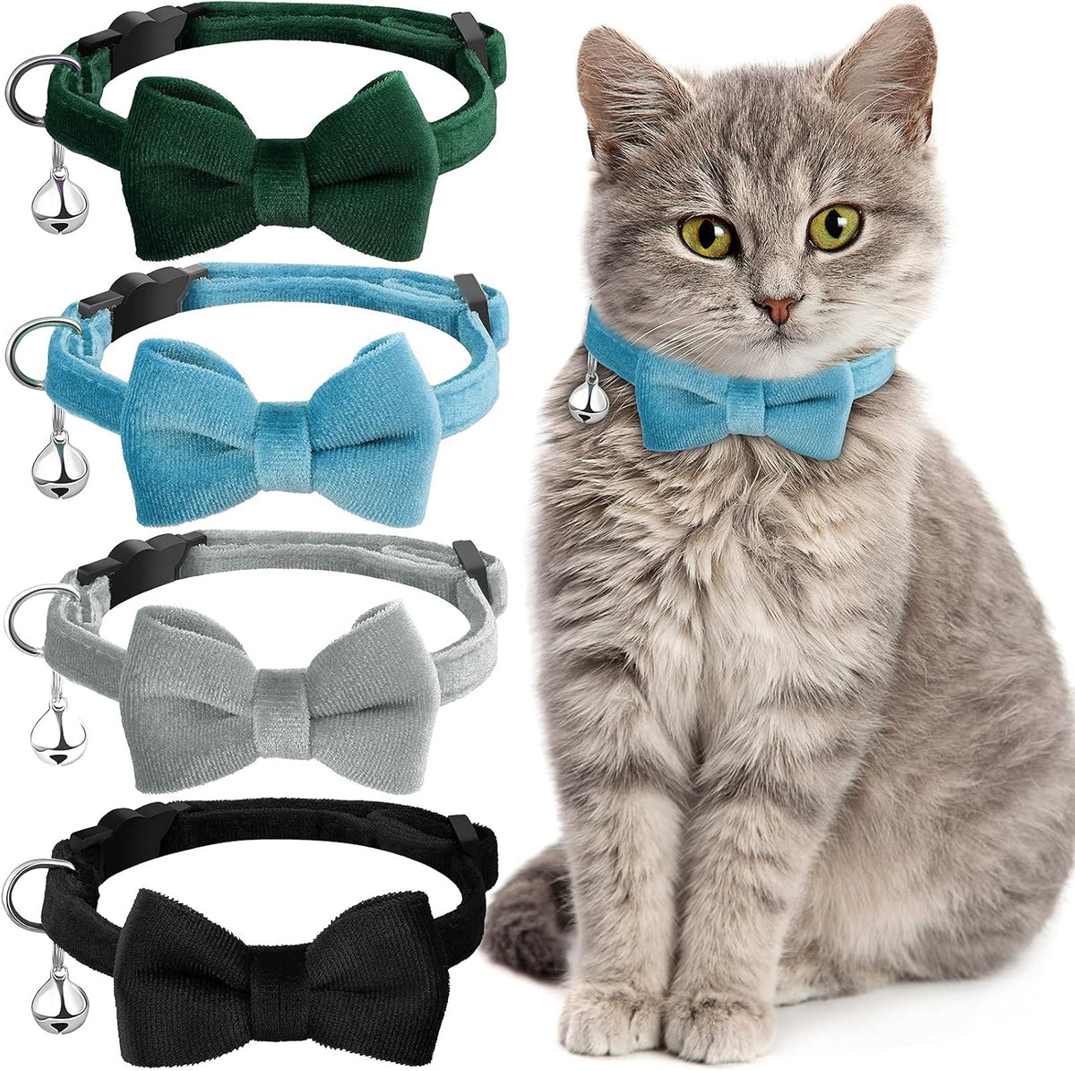 Weewooday 4 Cat Bow Tie Collar, Small, Black, Gray, Dark Green, Blue