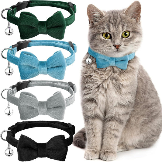 Weewooday 4 Cat Bow Tie Collar, Small, Black, Gray, Dark Green, Blue