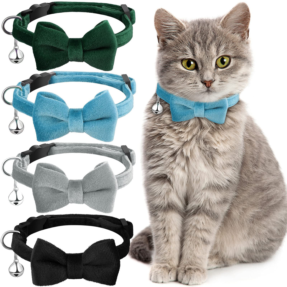 Weewooday 4 Cat Bow Tie Collar, Small, Black, Gray, Dark Green, Blue