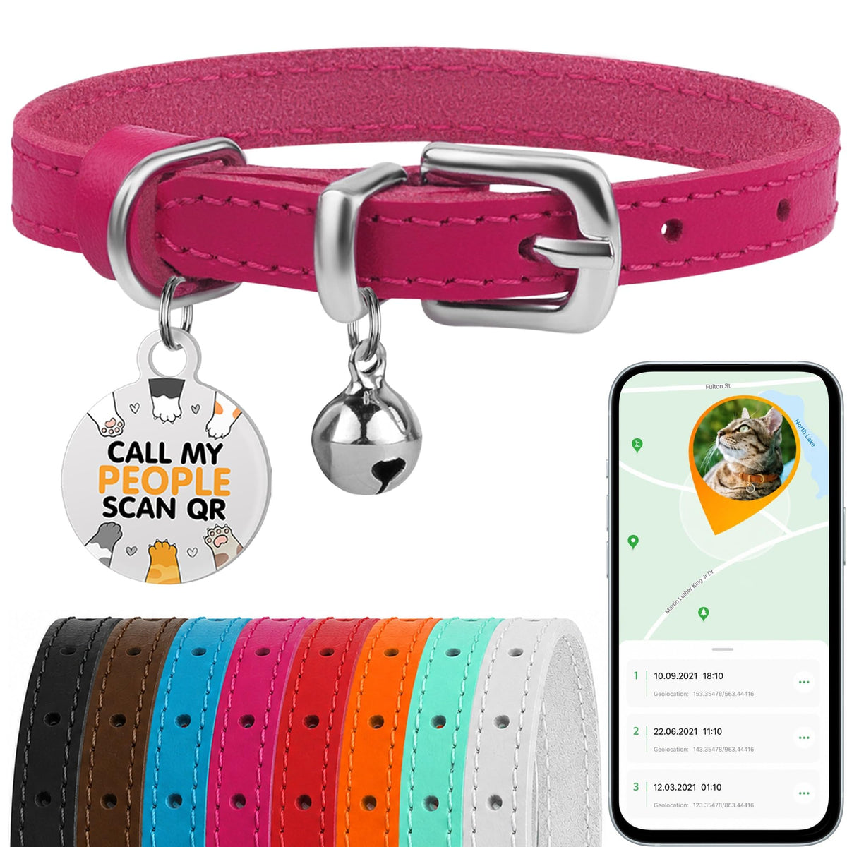 Leather Cat Collar, Removable Bells, QR Tag (9-12", Black & Gold)