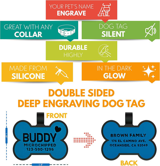 Silent & Double Sided, Deep Engraved Dog Tags Personalized, Rich Customization, Glow in The Dark Durable Silicone Pet ID Tag, Never Fades, 8 Colors & Fonts, 25 Icons, Bone Shaped