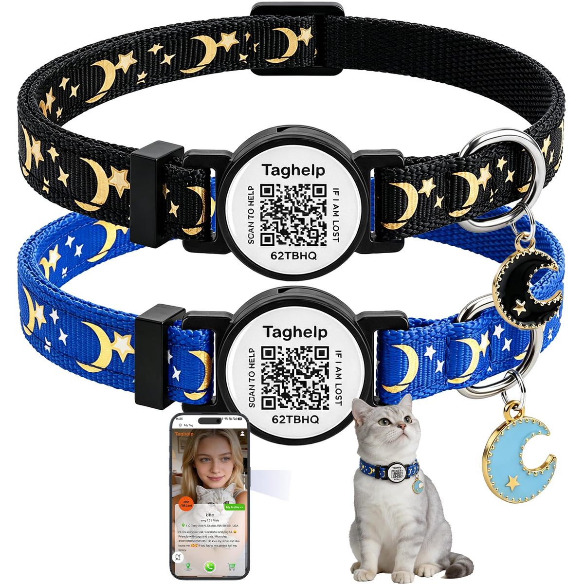 2 Pack QR Code Cat Collar with Instant Lost Pet Recovery System, Scan for Urgent Alerts & Location Info, Breakaway Reflective Collar with Safety Bell (Blue & Pink)
